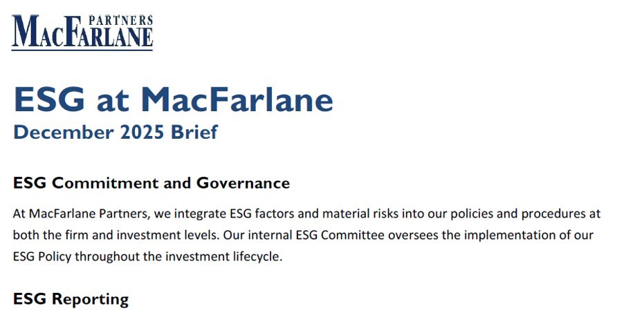MacFarlane Partners Issues 2025 ESG Brief